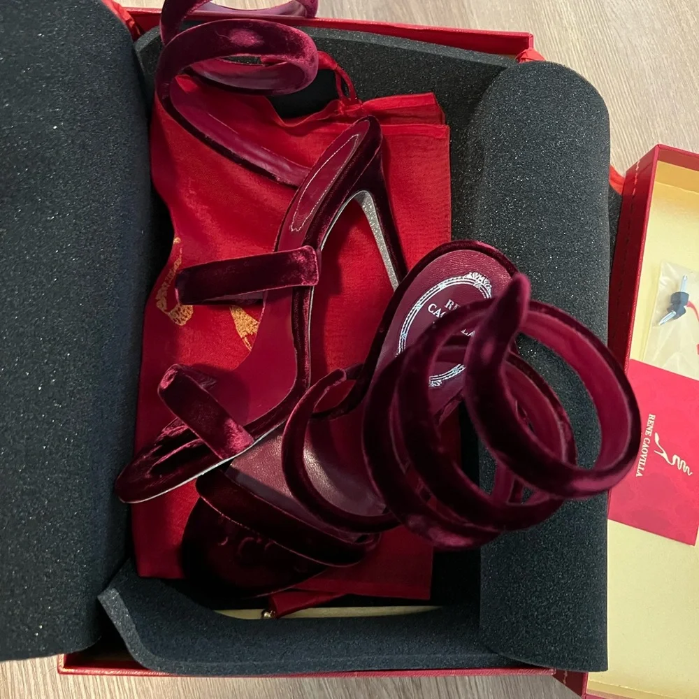 Rene Caovilla Burgundy Velvet Women's Shoes - Picture 3 of 6